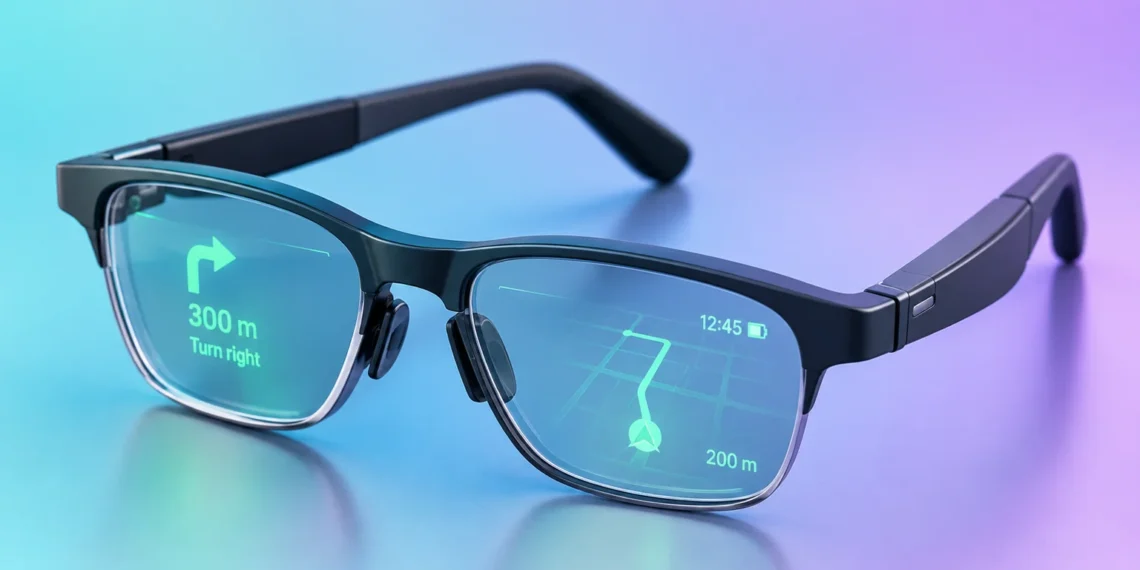 AI glasses with binocular green navigation displays showing a route map and turn-by-turn directions for walking and cycling.