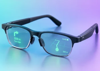 AI glasses with binocular green navigation displays showing a route map and turn-by-turn directions for walking and cycling.