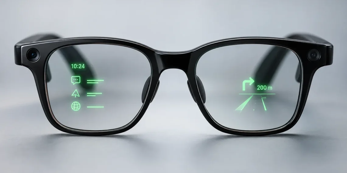 Black AI glasses with green in-lens displays showing navigation directions, messages, and information icons.