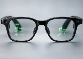 Black AI glasses with green in-lens displays showing navigation directions, messages, and information icons.